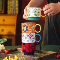 Cadeau pour la fête des mères, vente en gros, ensemble de tasses à café en céramique à motif floral, tasse à thé en porcelaine, ensemble de tasses à café empilables en céramique avec support