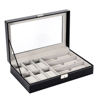 Caja de almacenamiento de gafas para reloj al por mayor, 6 + 3 ranuras, cerradura de cristal transparente, caja de reloj de cuero impermeable, vitrina, organizador personalizado