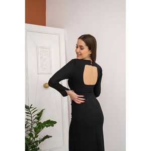 Robe fourreau élégante en crêpe noir, dos nu avec fente, taille naturelle, tenue de soirée - Product Image 1