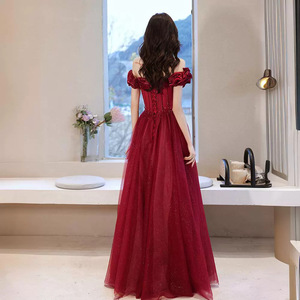 Off The Shoulder Burgundy Ball Gown Wedding Dress Empire Waist Tulle Long Vintage Style Sweetheart Neckline Evening Gown - Product Image 4