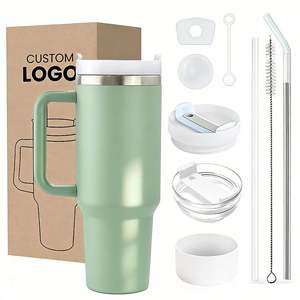 Gobelet isotherme noir de 40 oz avec poignée et paille, tasse à café glacé, bouteille d'eau réutilisable en acier inoxydable - Product Image 1