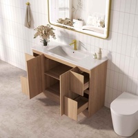 Meuble-lavabo autoportant moderne en MDF plaqué chêne clair, éco-responsable, avec vasque en céramique intégrée, rectangulaire, rétroéclairé, anti-buée, intelligent