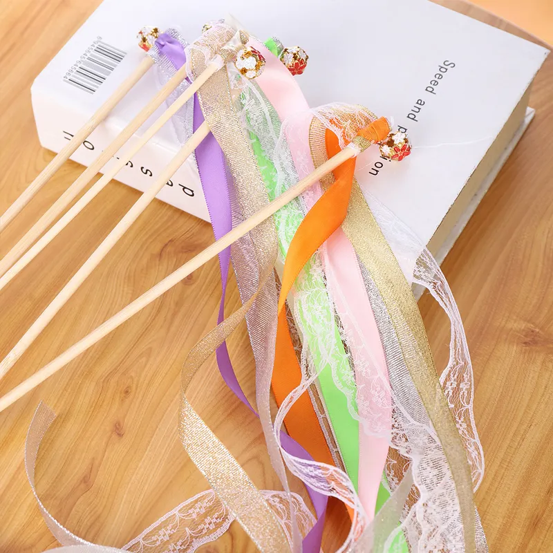 Hot Sale Lace Ribbon Wands Colorful Satin Wand Sticks With Bells For Wedding Party Decoration