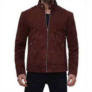 Mens Real Brown Suede <b>Jacket</b> Sheepskin Snap Tab Collar Cafe Racer Zip Pockets Moto Coat Custom Winter Warm Outerwear Apparel - Product Image 1