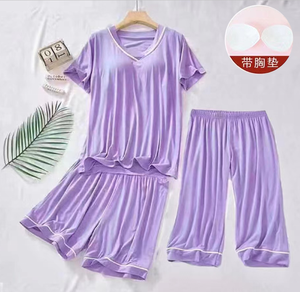 Women's Summer Thin Simple V-Neck <strong>Cropped</strong> Shorts <strong>Pyjamas</strong> with Breast Pad Three-Piece Home Wear for Spring Knitted Fabric - Product Image 5