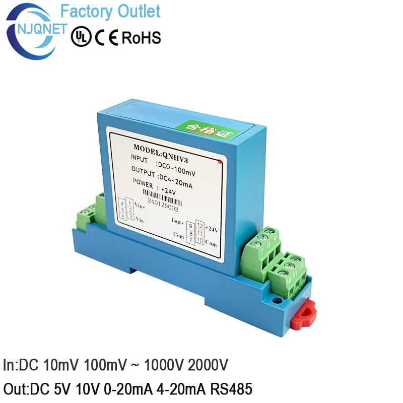 Hall Effect AC DC Voltage Transducer QNHV3 Input 100mV 5V 10V 50V 100V 500V 1000V Output 4-20mA RS485 0-10V 0-5V Voltage Sensor