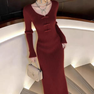 Abito Lungo da <span class=keywords><strong>Donna</strong></span> Elegante a V Scollo a V, Lavorato a Maglia, Rosso Vintage, a Vita Alta, Slim-fit, per <span class=keywords><strong>Capodanno</strong></span>, Autunno Inverno - Product Image 2