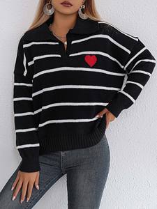 Vente en gros Automne Hiver Femmes Rayé <span class=keywords><strong>Amour</strong></span> Coeur Col Polo Rabattu Manches Longues Tricot Mode Décontractée <span class=keywords><strong>Pull</strong></span> Femme - Product Image 2