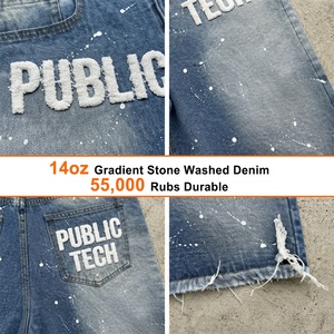 Pantalones Cortos Vaqueros Personalizados de Estilo Vintage con Bordado Chenille, Botones Personalizados, Efecto Desgastado y Salpicaduras de Pintura, para Hombre - Product Image 2