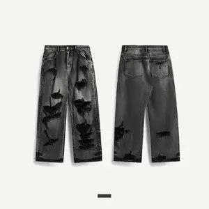 Clothing Manufacturers Distressed Ripped Unisex Custom Denim Wide Leg Pants Baggy Jeans Man Men's Jeans Men