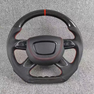 Volant en carbone forgé sur mesure pour <span class=keywords><strong>Audi</strong></span> A3 8P A4 B7 A6 C6 Q7 4L 2005-2012 - Cuir perforé et surpiqûres rouges - Product Image 2
