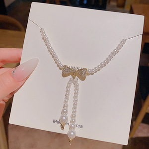 Collier ras-du-cou pour femme, style français vintage baroque, avec nœud papillon perlé, en cuivre électroplaqué haut de gamme, perles exquises - Product Image 5