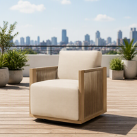 Moderner Outdoor-Teakholz-Drehsessel mit Seilgeflecht-Detail Luxuriöser Garten-Terrassen-Loungesessel Wasserdicht für Villa und Poolbereich