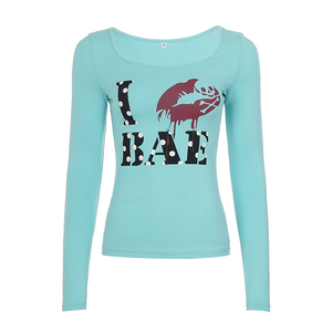 T-shirt en tricot à col en U pour femme avec imprimé graphique lèvres et lettres, haut à manches longues coupe slim Y2K, sous-vêtement basique sexy - Product Image 6