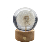 Lampe en résine en forme de fleurs de pissenlit, boule de cristal, veilleuse LED, base en bois, éclairage doux et coloré, gravure 3D, objet de collection de Noël