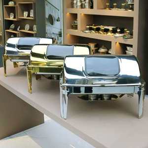 <span class=keywords><strong>Plat</strong></span> à chafing de luxe décoratif et élégant, grande capacité 9,0 L, forme rectangulaire, avec couvercle roulant, couleur argent et or - Product Image 1