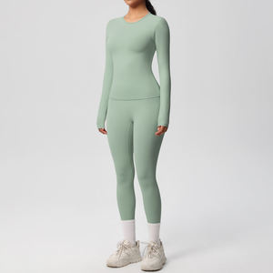 Conjunto de Yoga de 2 Piezas, Top de Manga Larga con Cuello Redondo, Leggings de Cintura Alta y Largo Completo, Sin Costuras, Color Sólido, Spandex, Poliéster - Product Image 3