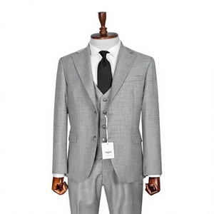 PERRE 1984 Costume d'affaires gris pour homme, style britannique, double boutonnage, col mandarin, infroissable, coupe classique, viscose polyester - Product Image 3