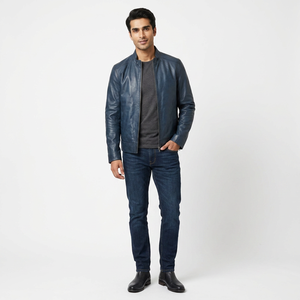 Men's Stand Collar Cow Skin Genuine Leather Breathable Varsity <b>Jacket</b> Solid Color <b>Slim</b> <b>Fit</b> Design Winter HIGH STREET Style - Product Image 1