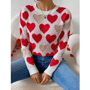 Fashion Clothes Autumn Spring Pearl Embellished Heart Pattern Women Sweater Beautiful Pullover Sweaters for Ladies