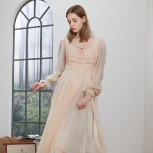 Bayan uzun kollu Polyester şifon Maxi elbise zarif Boho şifon elbisesi pileli önlüklü bel Flowy bir çizgi akşam parti elbise