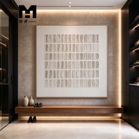 Décoration Murale Toile Peinte à la Main, Panneau Artistique Minimaliste 3D, Texture Rayée Beige, Peinture Acrylique Faite Main Wabi Sabi avec Cadre
