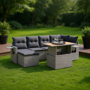 Conjunto de Sofá de Jardín de Mimbre Sintético Gris, 6 Plazas, Reposabrazos Ajustables, Muebles de Exterior, Diseño Contemporáneo - Product Image 2