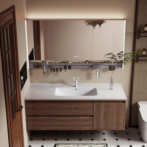 Mid-Century Walnut Wood Floating Bathroom <b>Vanity</b> Bathroom Cabinet with Smart LED <b>Mirror</b> Integrated Sink - Product Image 1