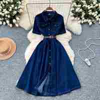 Robe Tunique Décontractée Mi-Longue en Jean Tissé Vintage Respirant et Lavable à Col Rabattu et Manches Courtes, Coupe Trapèze, Collection Printemps Durable