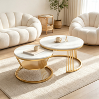 Ensemble de tables basses gigognes de luxe, plateau effet marbre blanc, structure en métal doré, 2 pièces, table à thé, salon, hôtel