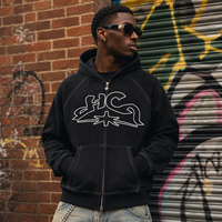 Sudadera con capucha personalizada de 460GSM con costuras en contraste, bordado de contorno de grafiti negro, tirador de cremallera con estrella, estilo urbano, fabricante OEM ODM