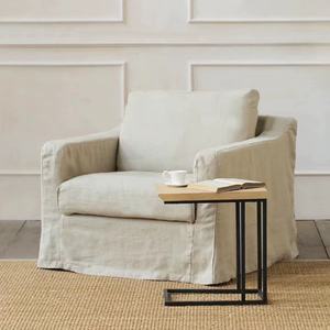 1031 यूरोपीय आधुनिक फैशन ठोस ओक लकड़ी बेंच-सीट स्लाइपकवर हस्तनिर्मित लिनन कपड़े बेलियन ट्रैक आर्म लिविंग रूम के लिए सोफे - Product Image 4