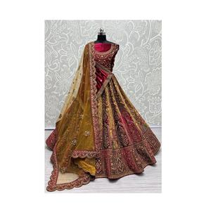 Moderna Colección Nupcial para Mujer, Lehenga Choli de Terciopelo hasta el Suelo, Antiarrugas, con Bordado Pesado y Parches, Traje de Boda, el Mejor - Product Image 1