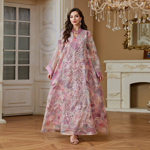 Abbigliamento Tradizionale Musulmano, Elegante Abaya di Dubai in Poliestere, Vestito Islamico di Lusso con Ricami e Paillettes - Product Image 1