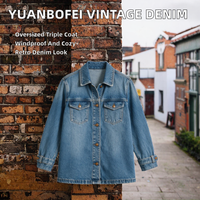 Jaket Denim Wanita Biru Tua Vintage Oversized Lengan Panjang Ramah Lingkungan Tahan Angin Kancing Tiga Baris Katun Solid