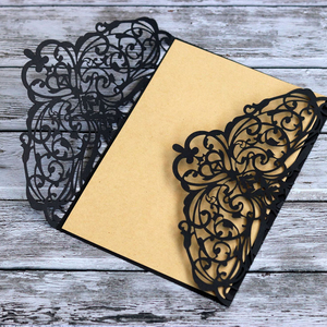 Thanh lịch màu đen cắt laser cổng Thiệp mời đám cưới với màu đen Ribbon Bow - Product Image 2