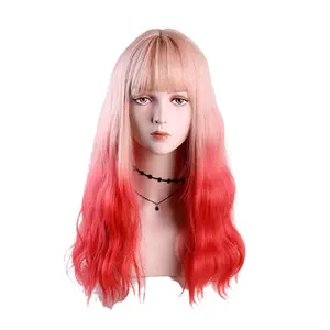 2057 pink ombre red 26 inches long waves synthetic full wigs with bangs heat resistant artificial periwigs for women