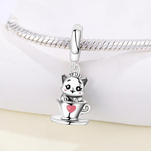 Pendentif tasse à café chaton en cuivre blanc, nouveau style, mignon, tendance, polyvalent, pour bracelet DIY, bijoux et accessoires pour femmes - Product Image 2