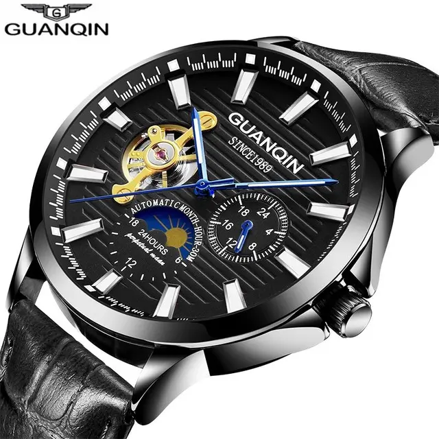 GUANQIN 16131 trending mens mechanical watch real leather band waterproof skeleton moon phase automatic tourbillon reloj watch