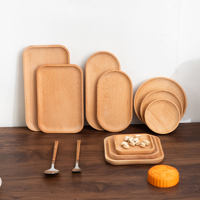 Japanese Style Solid Wood Coffee Snack Serving Tray Round Square Oval Shaped Beech Wood Fruit Dessert Bread Plate