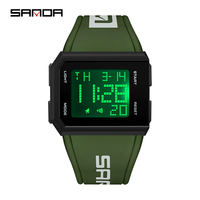 Montre numérique pour homme, boîtier carré, affichage vert, fonctions multiples, acier noir, bracelet en silicone bleu, sport