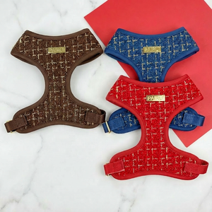 Arnés para Mascotas de Primera Calidad con Textura de Tweed, Diseño a Cuadros Azules, Sin Tirones, Herrajes Dorados, Hebilla de Metal, Proveedor al por Mayor, Arnés Personalizado para Perros - Product Image 4