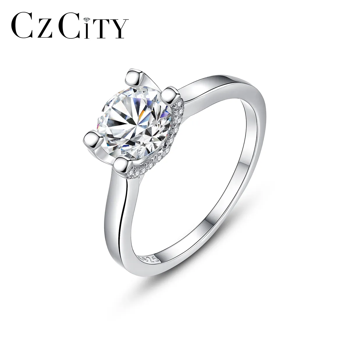 CZCITY Classic Style Engagement Wedding Real Silver Sterling Vintage Finger Silver Moissanite Ring