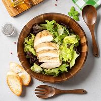 Set Mangkuk Salad Kayu Akasia Buatan Tangan dengan Sendok & Garpu, Mangkuk Sajian Kayu Solid Bulat Besar untuk Penggunaan di Dapur dan Ruang Makan