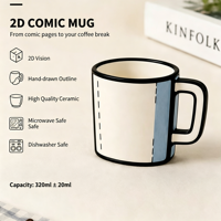 Mug à café en céramique 2D, art ligné dessiné à la main, illusion 2D, tasse minimaliste pour la maison, le bureau ou comme cadeau
