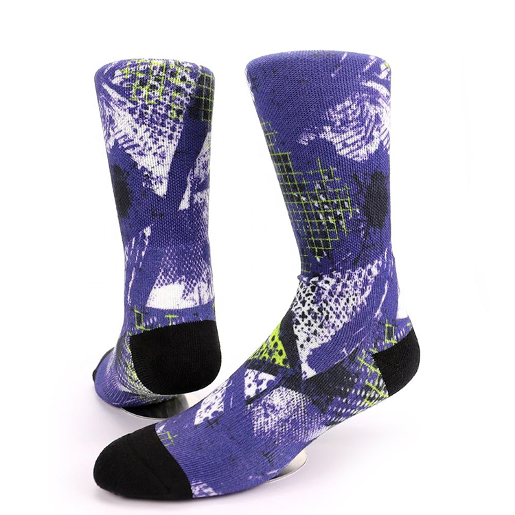 Fashion Design Purple Color Different Pattern Custom Logo Crew Custom Socks Printing