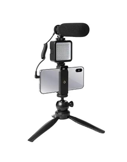 Smartphone Camera Video Microphone Vlogging Kit, Super-Cardioid Shotgun Podcast Microphone with LED Light,Adjust Tripod,Mi