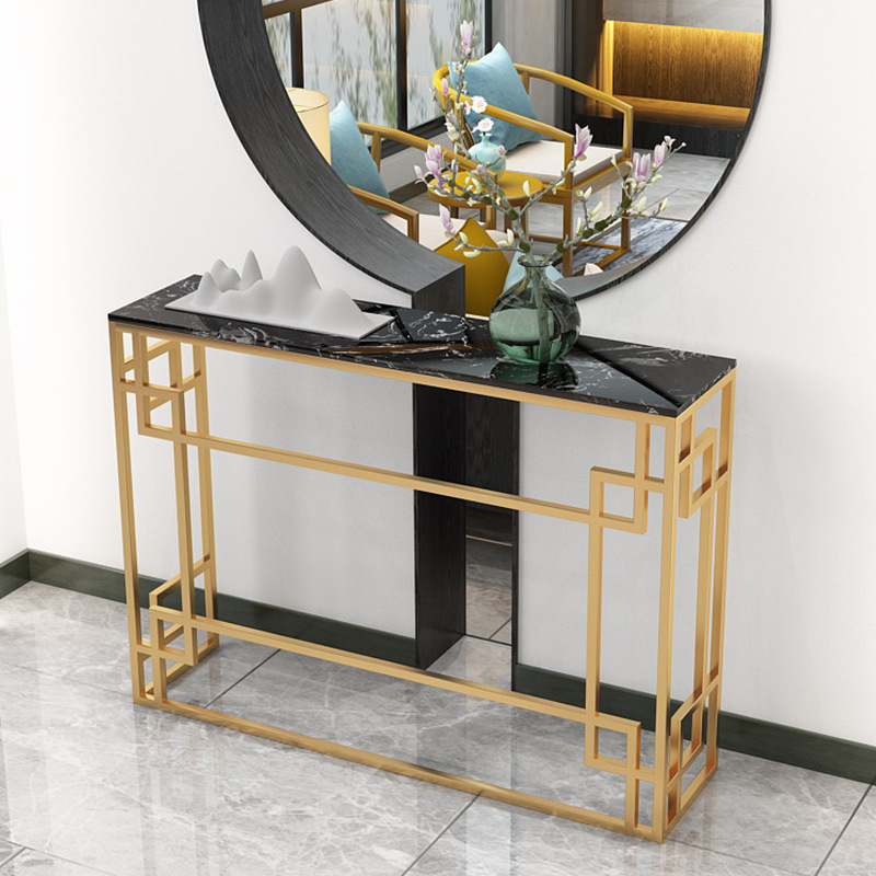 Mesa de console multiuso para corredor com tampo de mármore e metal dourado