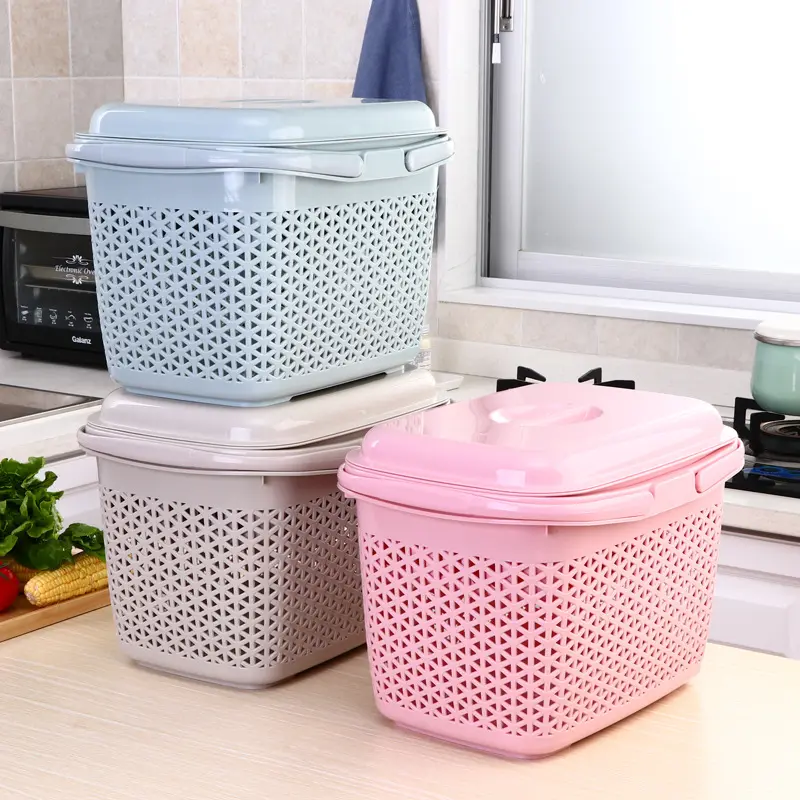 Mazon-cesta de plástico con tapa, cesta organizadora de almacenamiento, productos de cocina