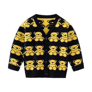 Pull en coton décontracté à col en V pour garçons, à simple boutonnage, chaud pour l'automne, motif ours de dessin animé pour enfants - Product Image 5